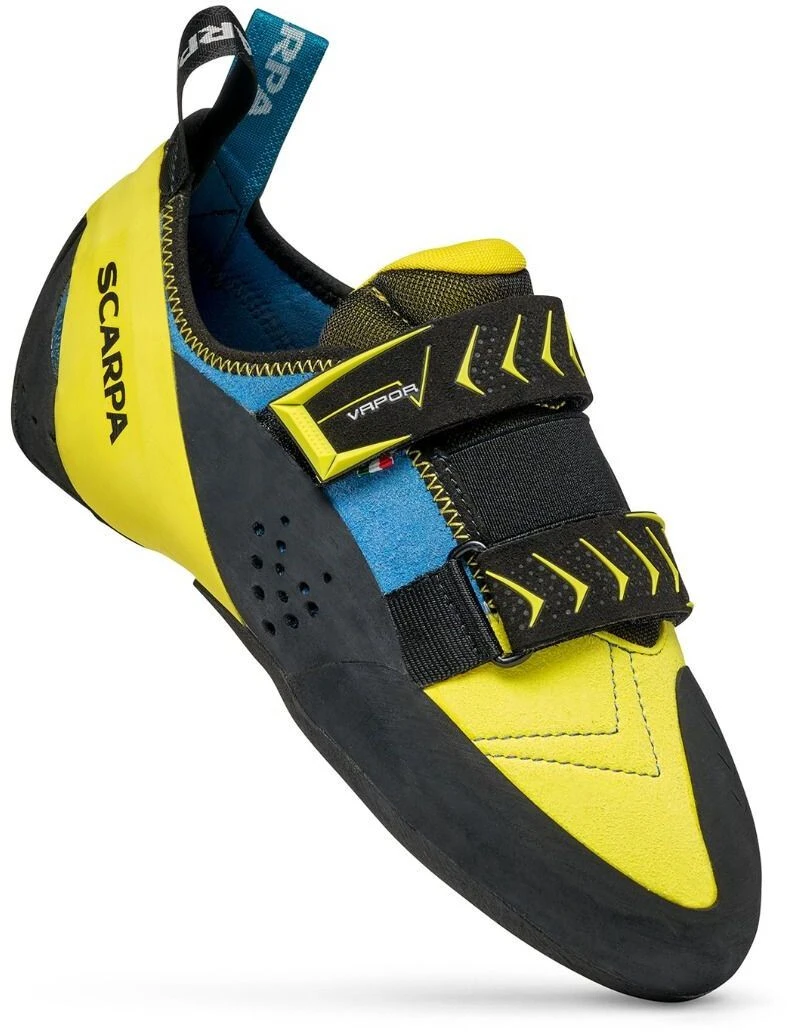 Scarpa Vapor V klimschoenen Heren, geel/blauw Scarpa Vapor V Klimschoenen Heren, Geel/blauw -Kampeer Sport Winkel scarpa vapor v klaetterskor herr ocean yellow 1